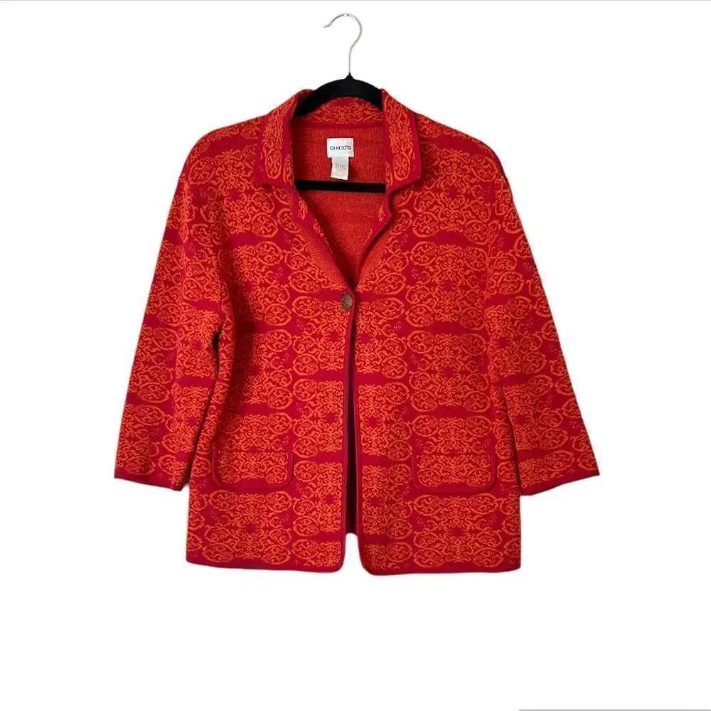 Chico's Wool Blend Knit Blazer Printed Cardigan Size 1